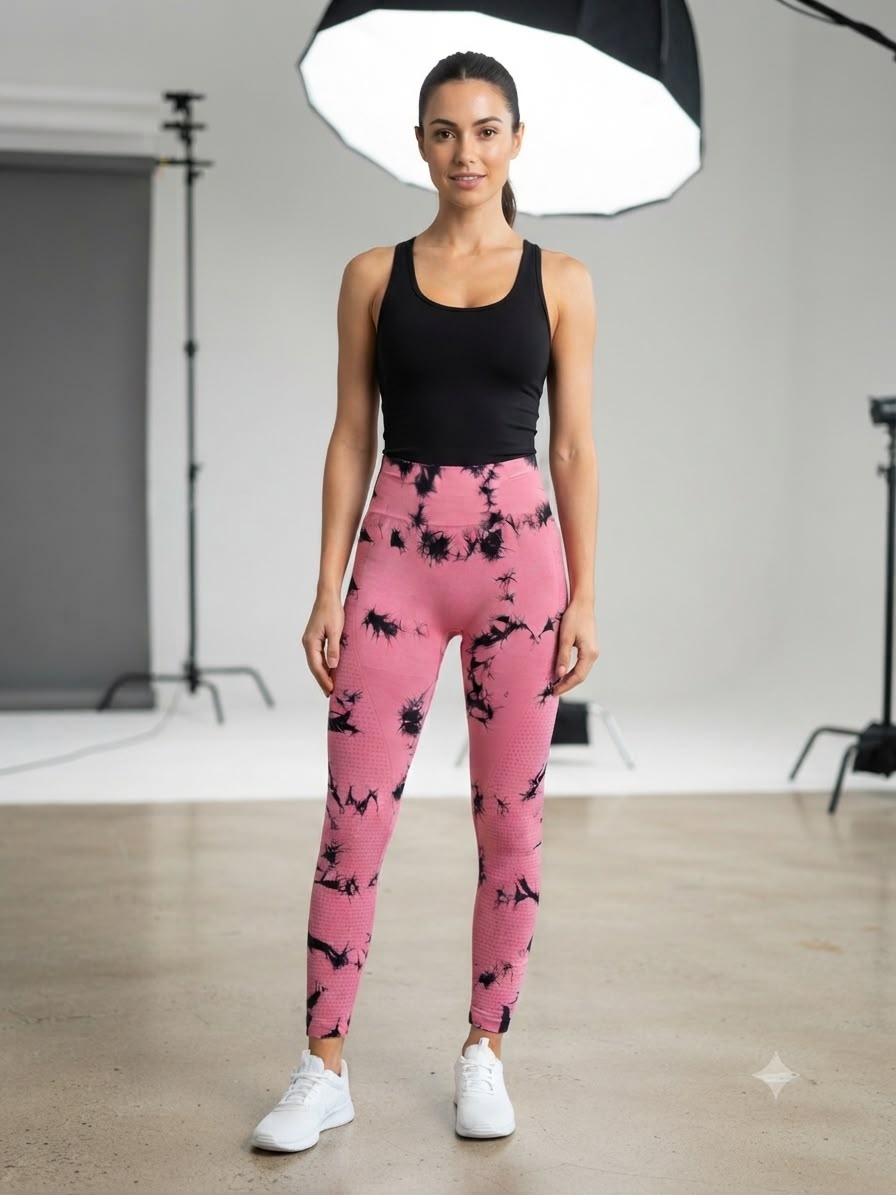 Leggings dama tie-dye rosa con negro