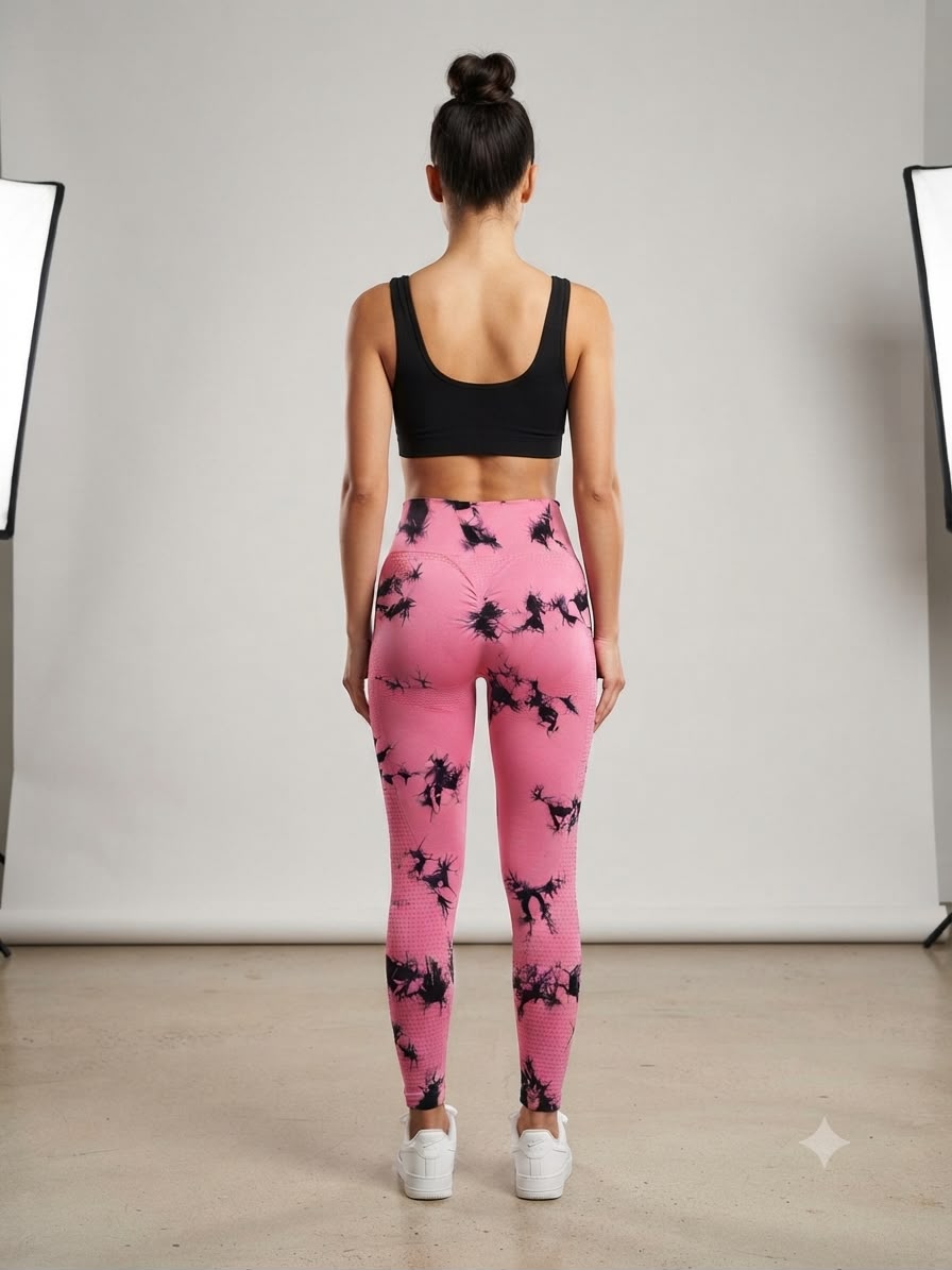 Leggings dama tie-dye rosa con negro