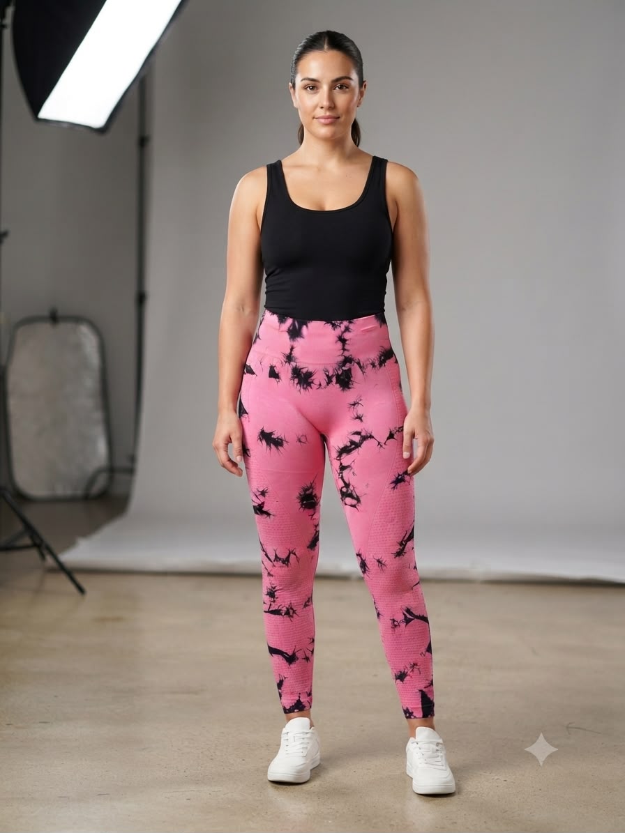 Leggings dama tie-dye rosa con negro
