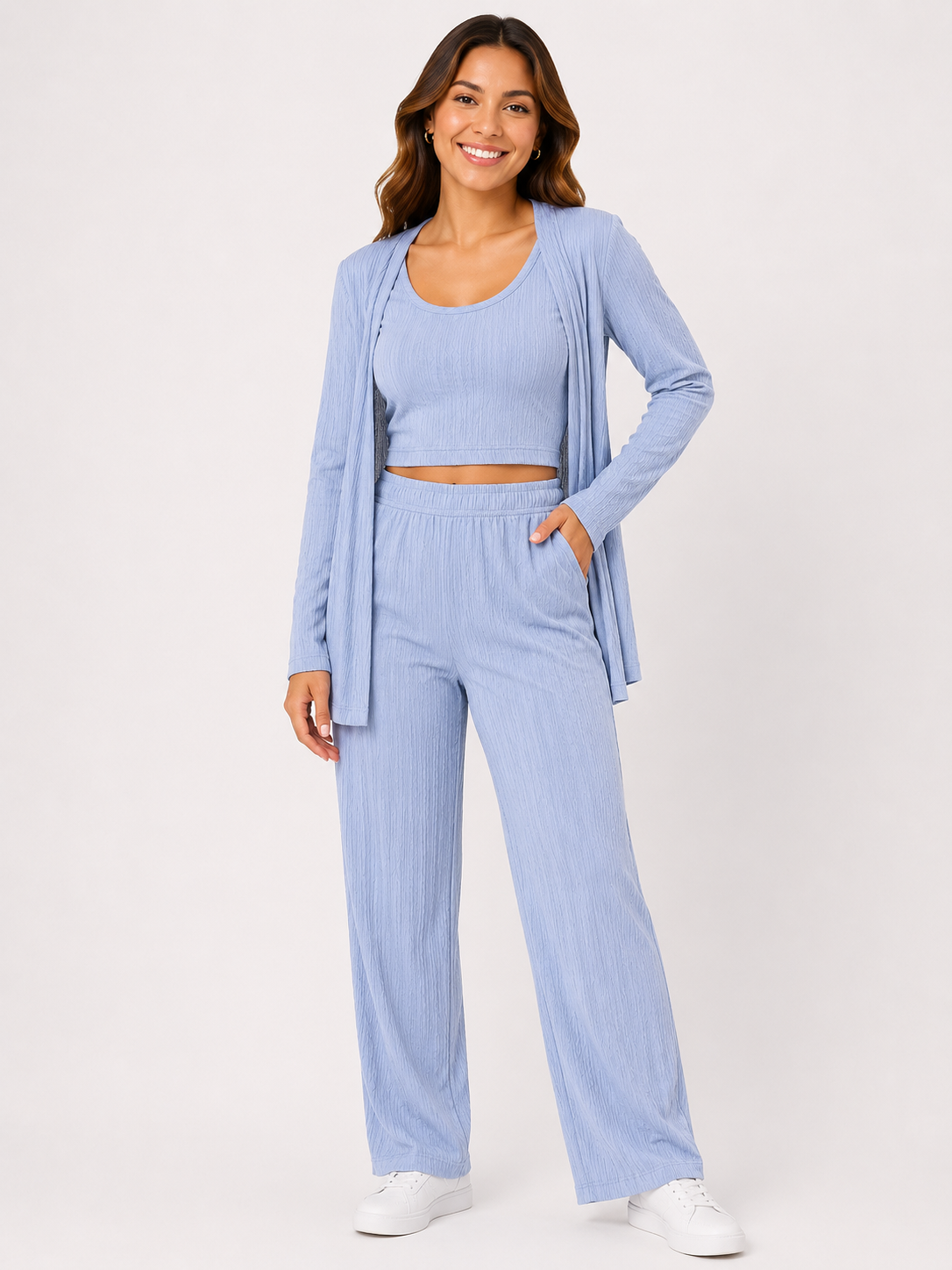 Conjunto dama 3 piezas texturizado azul cielo