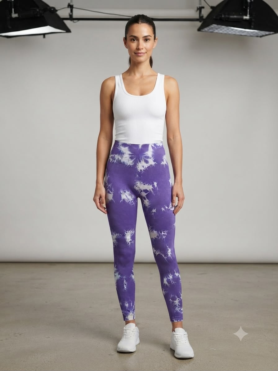 Leggings dama tie-dye morado con blanco