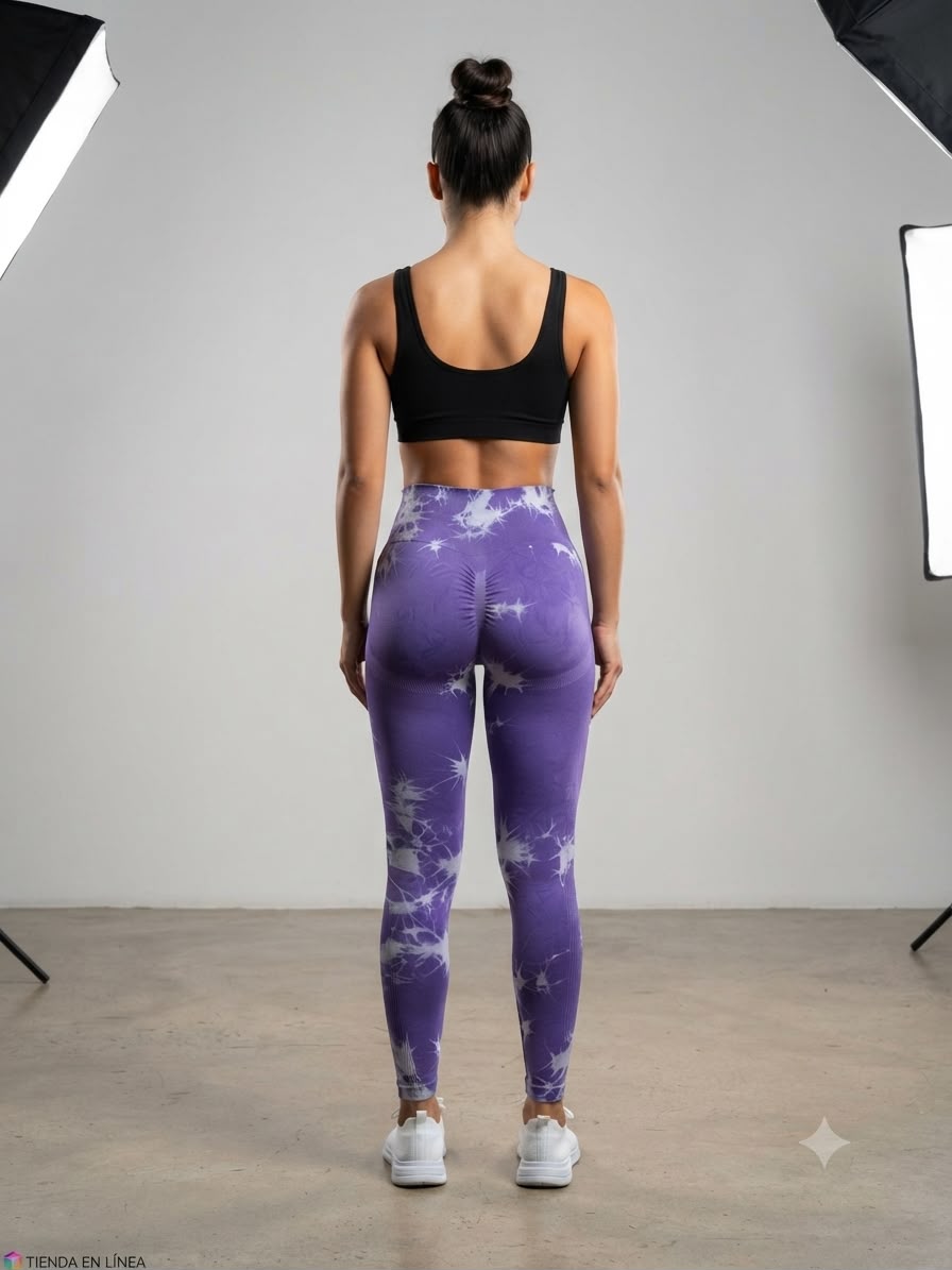 Leggings dama tie-dye morado con blanco