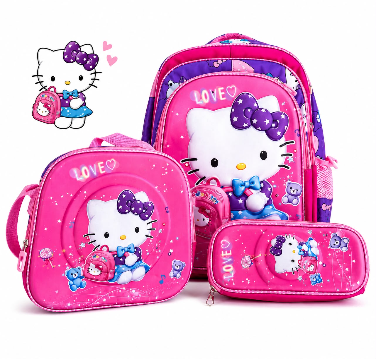 🎀 Set Mochila Escolar Hell@ Kitty 3 Piezas 💜✨