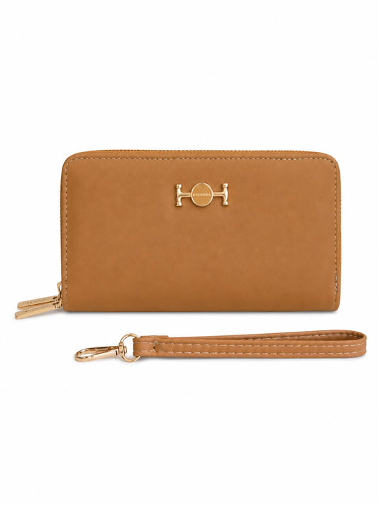 Cartera Dama tipo wristlet color camel