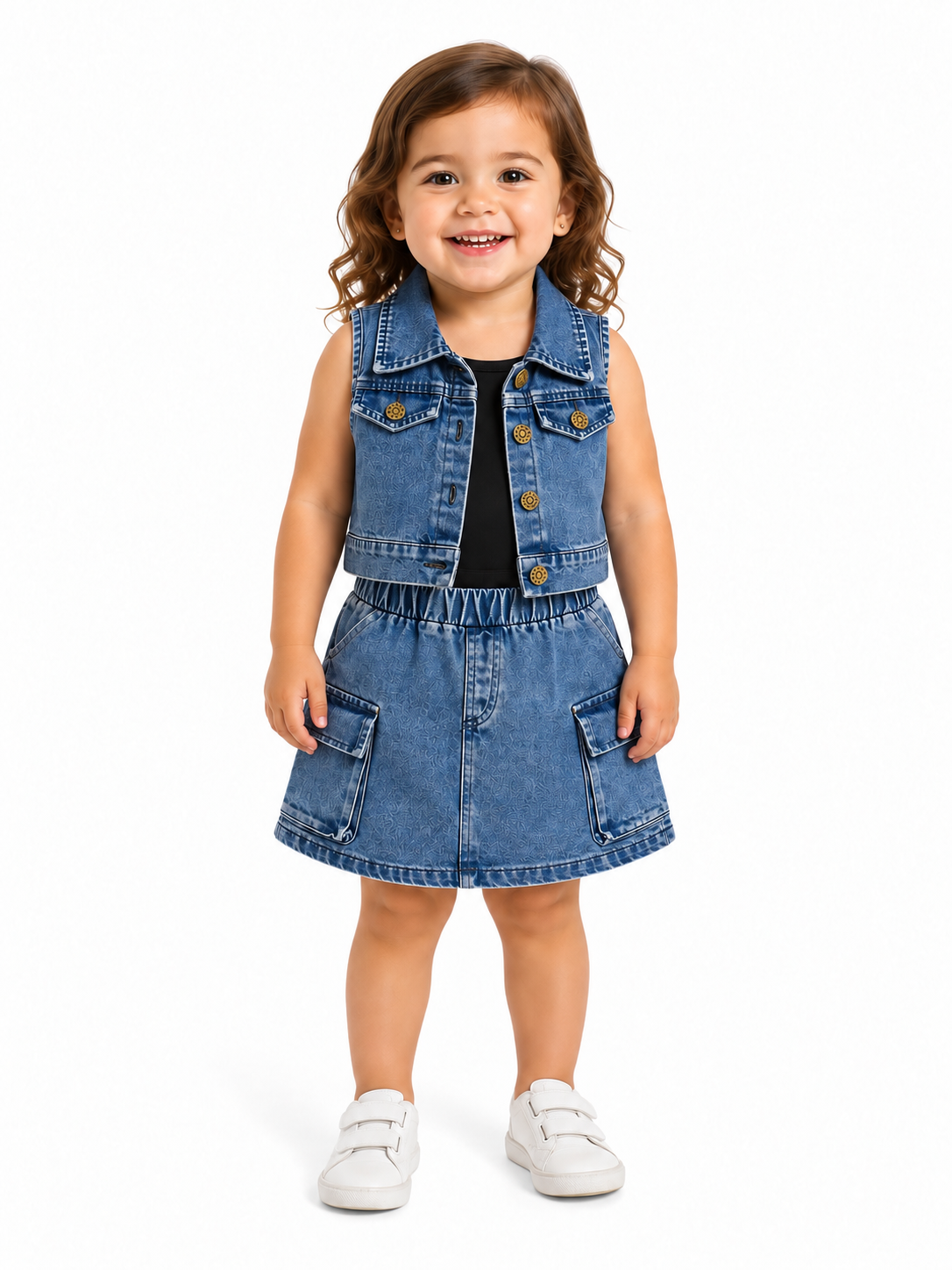 Set niña de mezclilla con chaleco y falda cargo