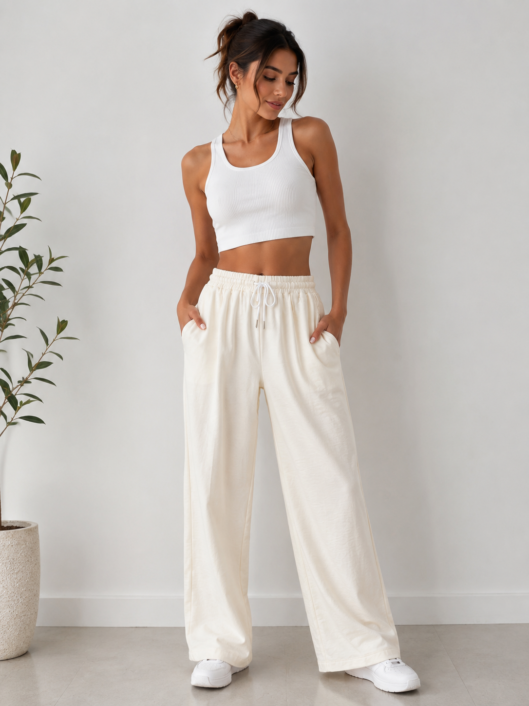 Pantalón dama Palazzo Color Marfil con Cintura Elástica y Cordón Ajustable