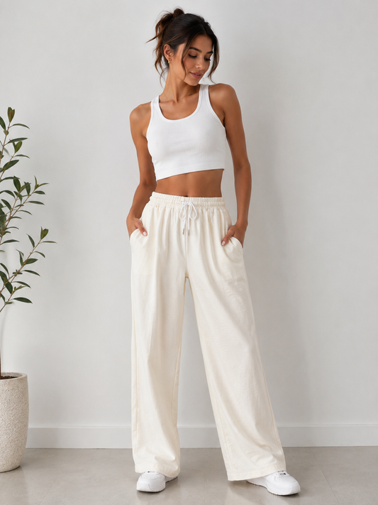 Pantalón dama Palazzo Color Marfil con Cintura Elástica y Cordón Ajustable