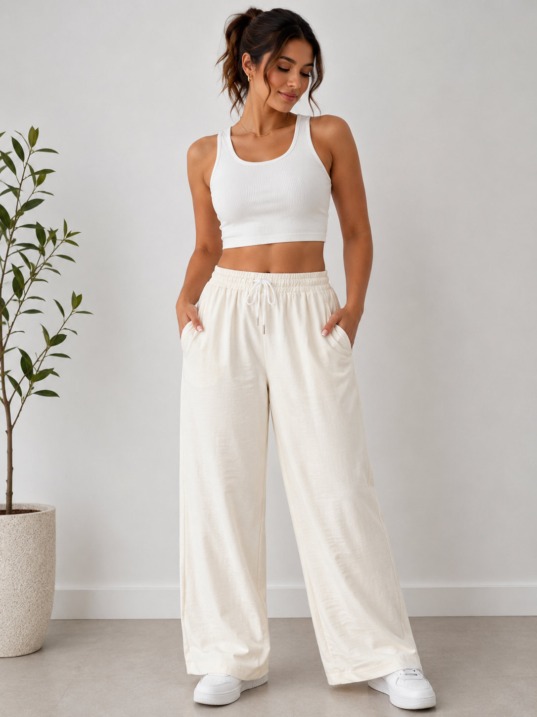 Pantalón dama Palazzo Color Marfil con Cintura Elástica y Cordón Ajustable