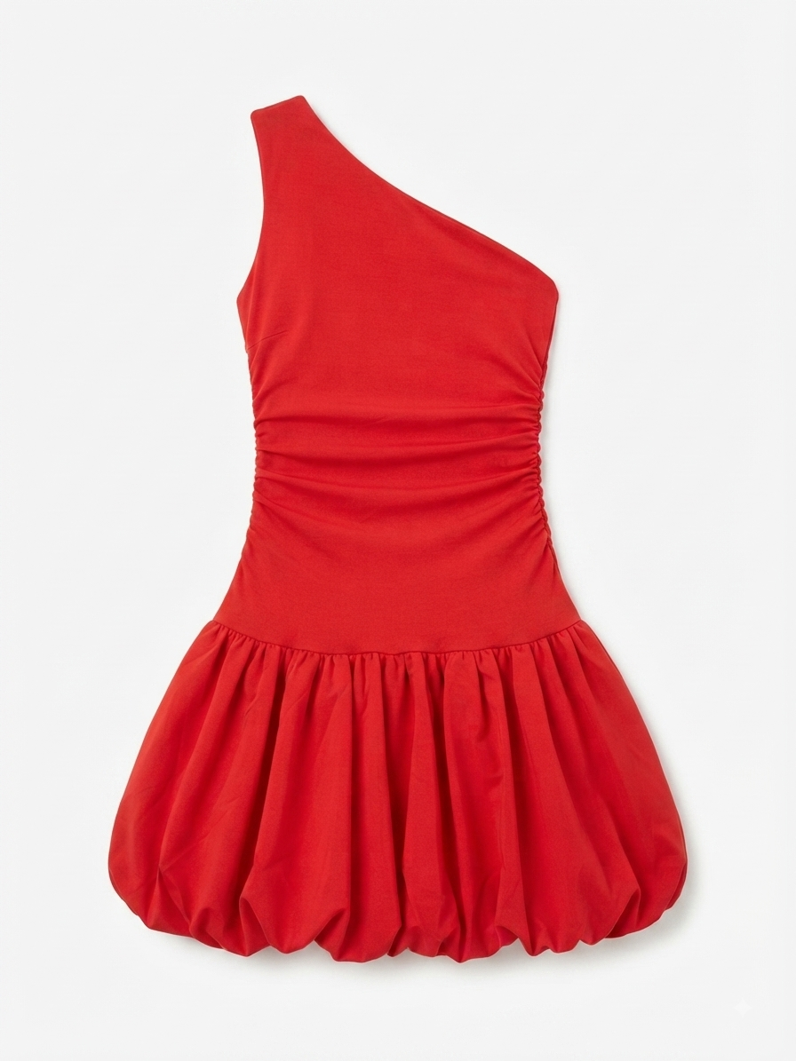 Vestido dama rojo asimétrico con falda globo