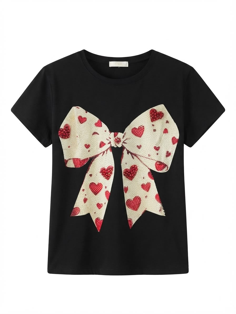 Blusa dama negra con moño de corazones