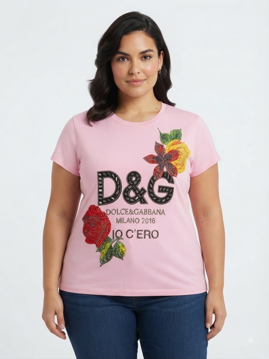 Blusa dama rosa con diseño floral y detalles brillantes