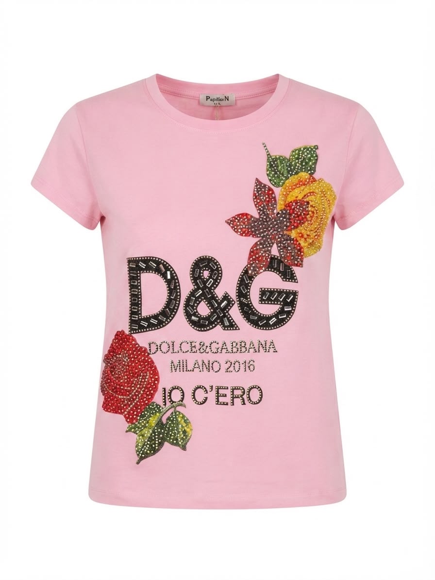 Blusa dama rosa con diseño floral y detalles brillantes