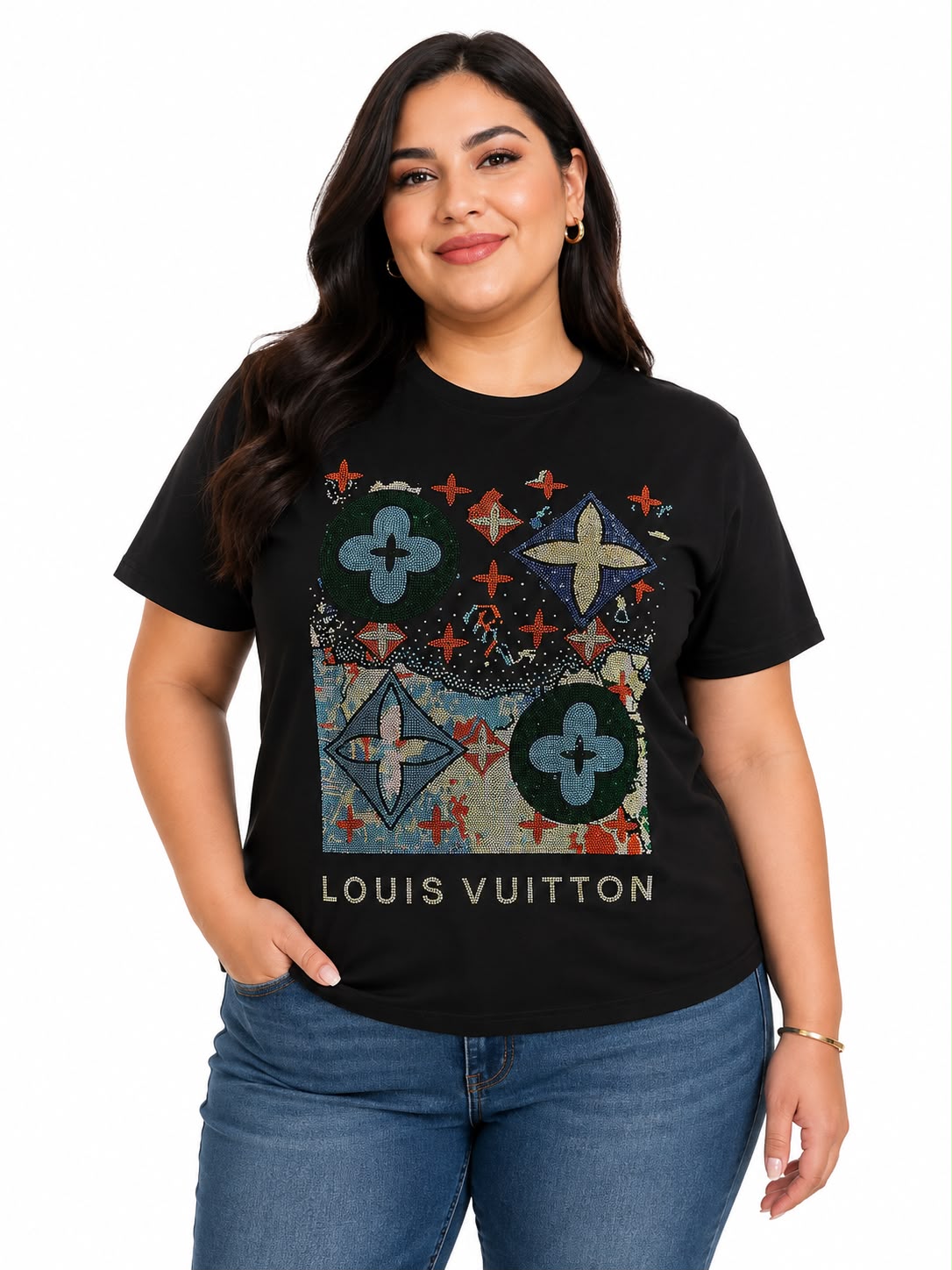 Blusa dama negra con estampado fashion y detalles brillantes