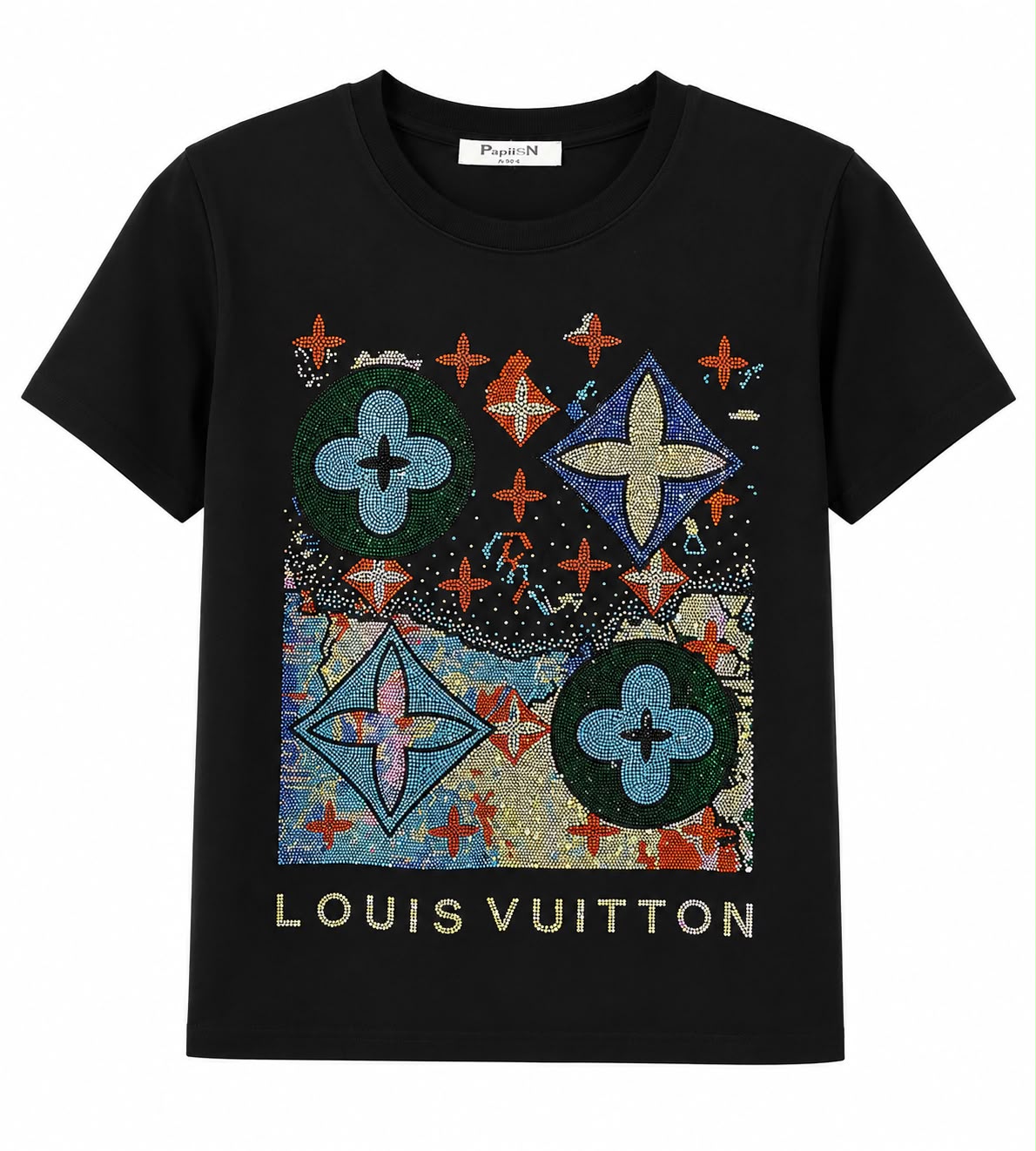 Blusa dama negra con estampado fashion y detalles brillantes