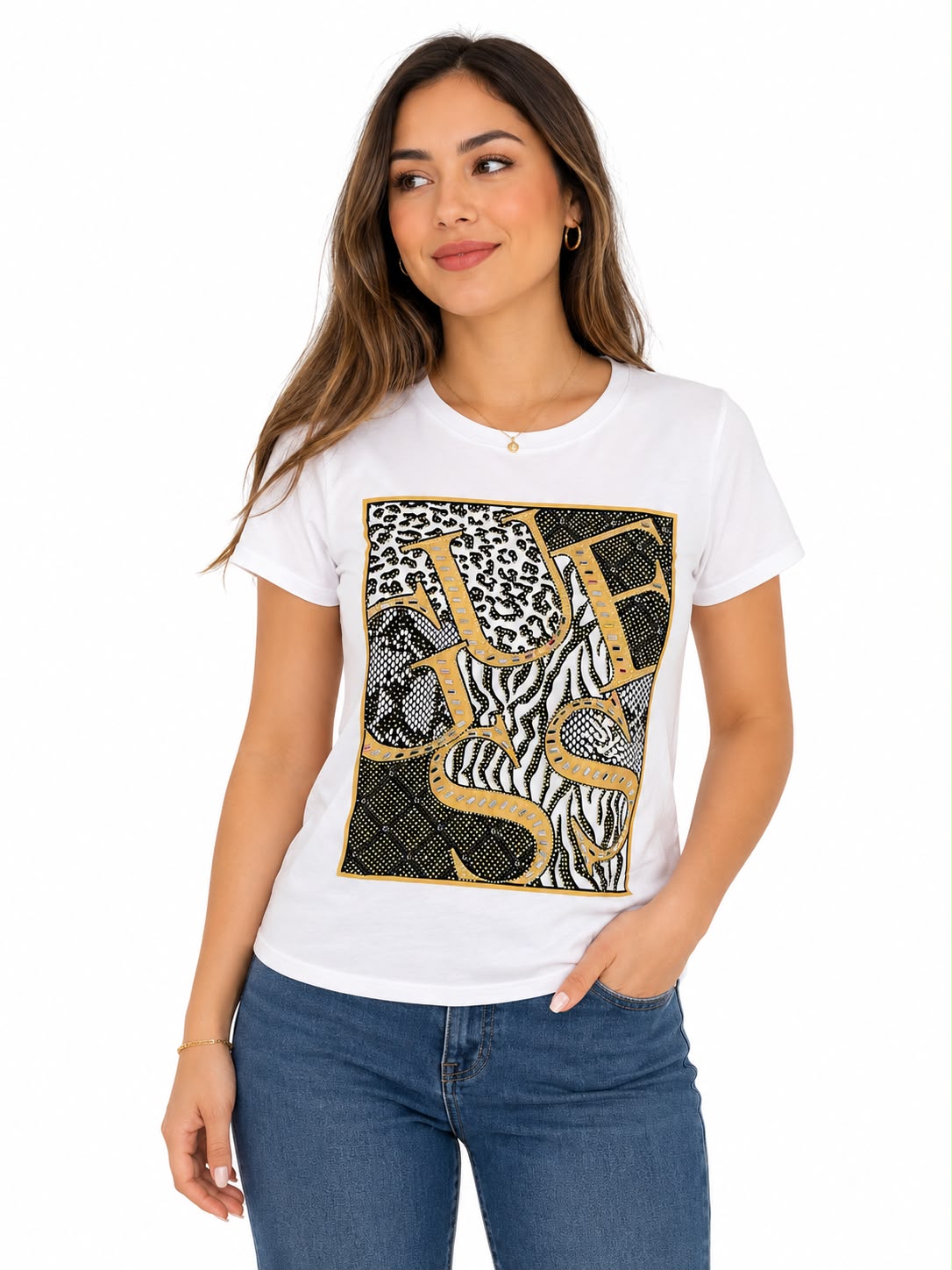 Blusa dama blanca con estampado animal print