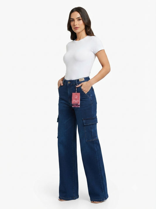 Pantalón Dama mezclilla cargo pierna ancha