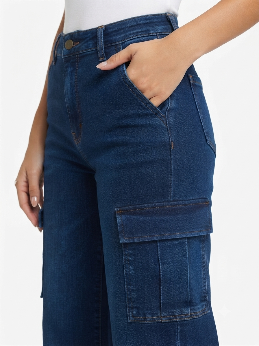 Pantalón Dama mezclilla cargo pierna ancha