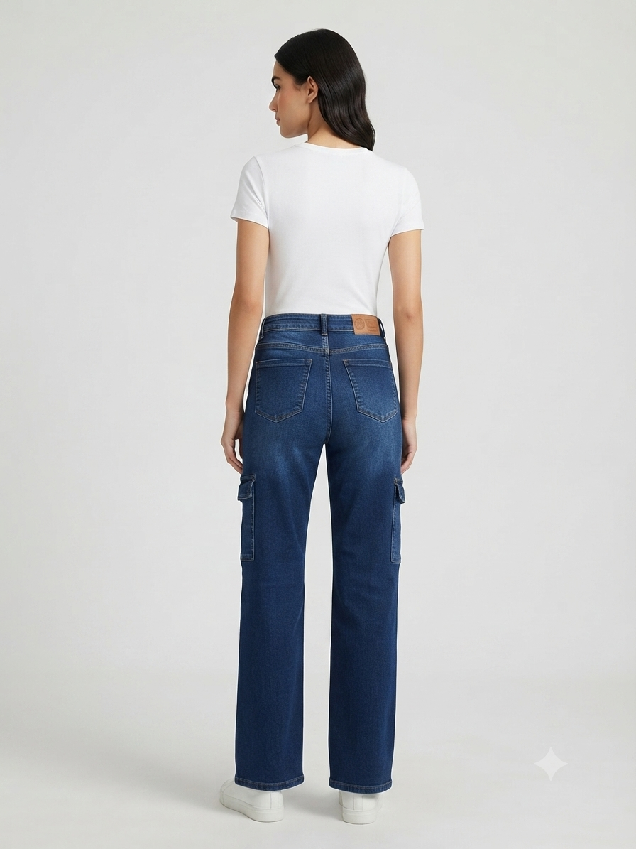 Pantalón Dama mezclilla cargo pierna ancha