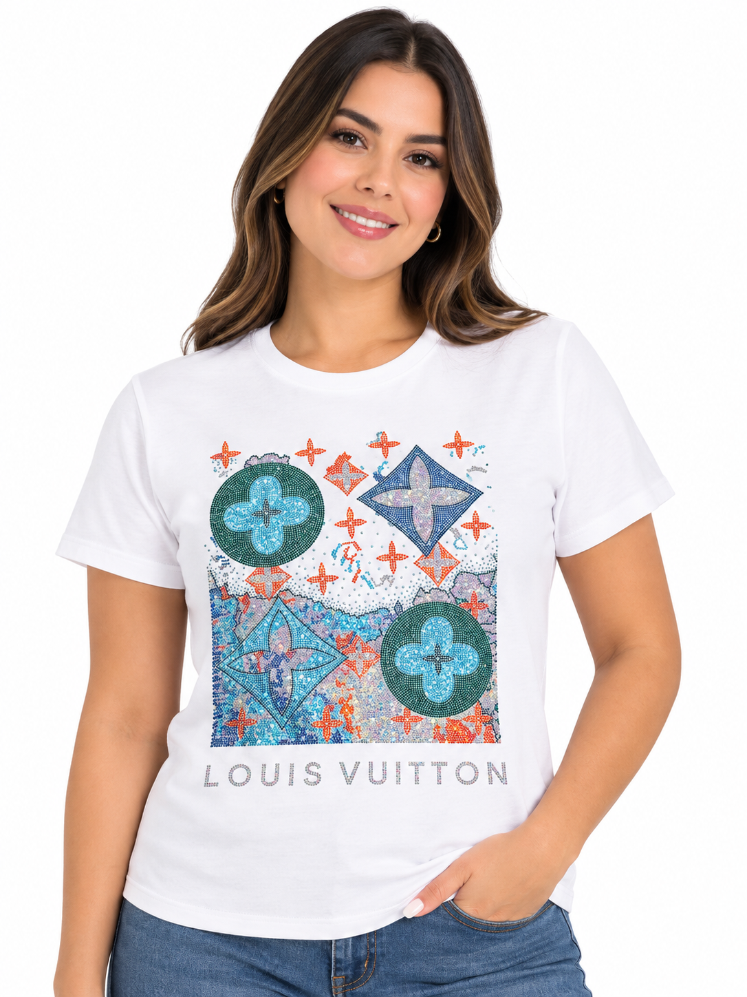 Blusa dama negra con estampado fashion y detalles brillantes