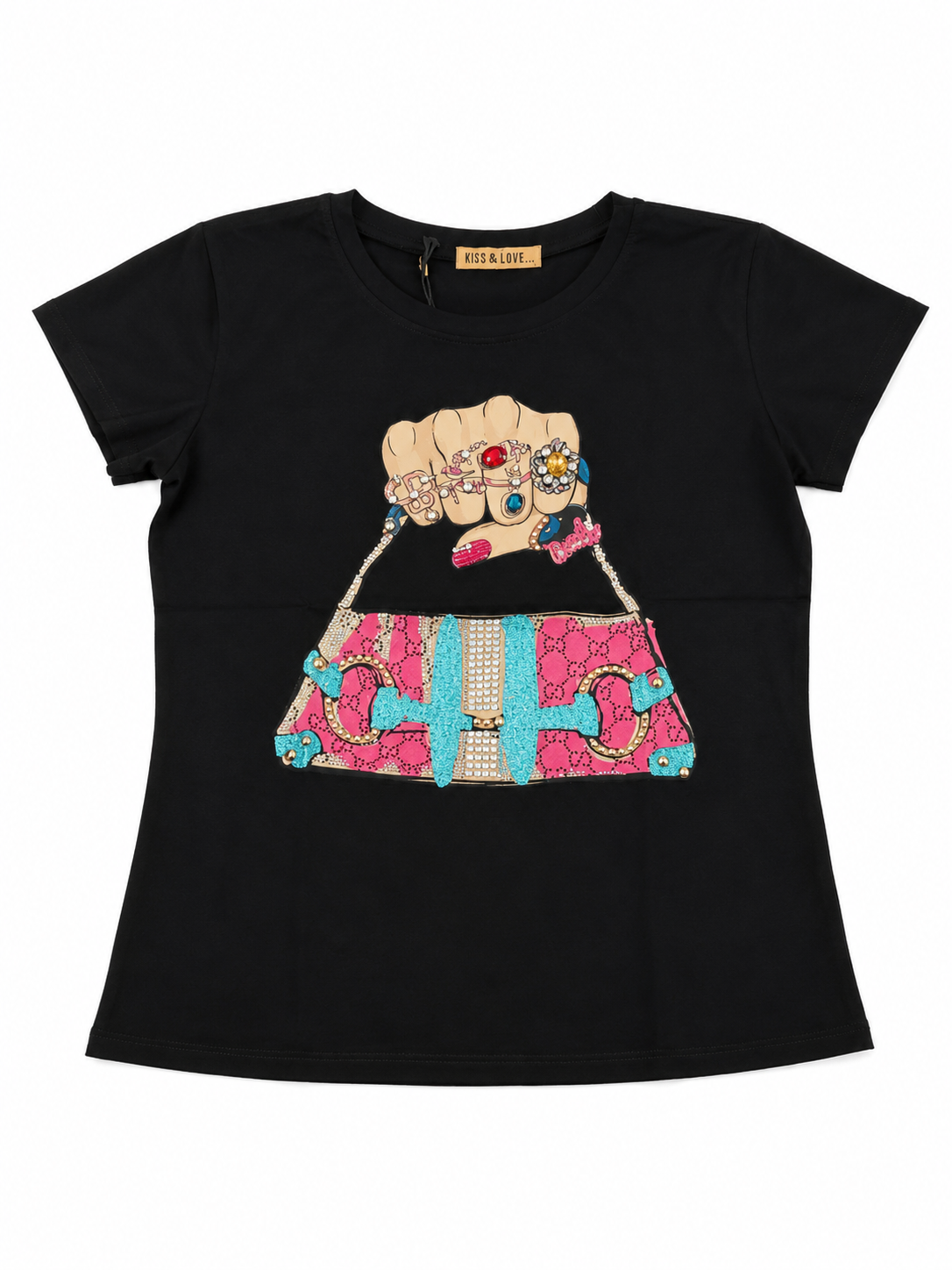 Blusa dama negra con diseño de bolso y pedrería ✨👜