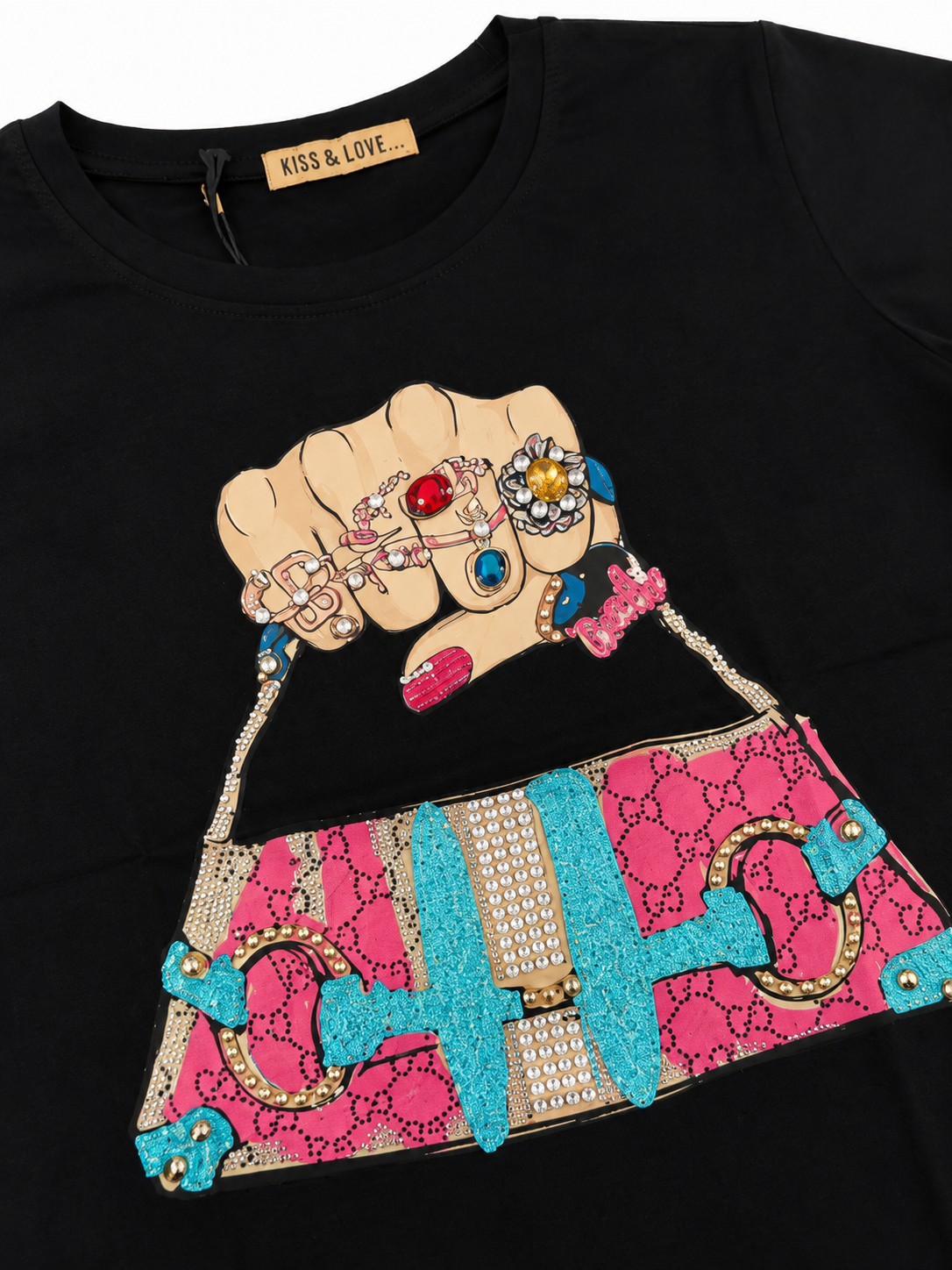 Blusa dama negra con diseño de bolso y pedrería ✨👜