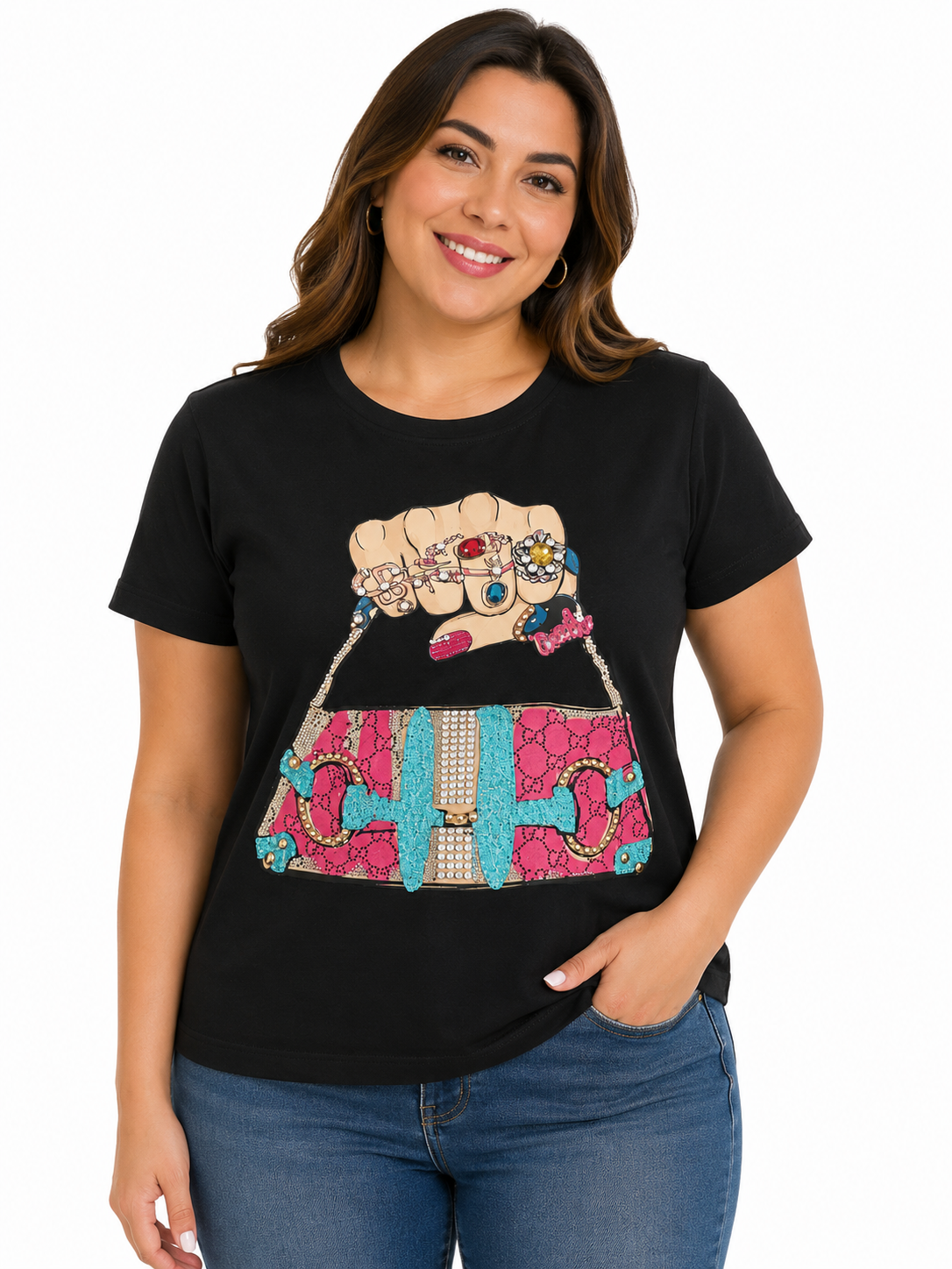 Blusa dama negra con diseño de bolso y pedrería ✨👜