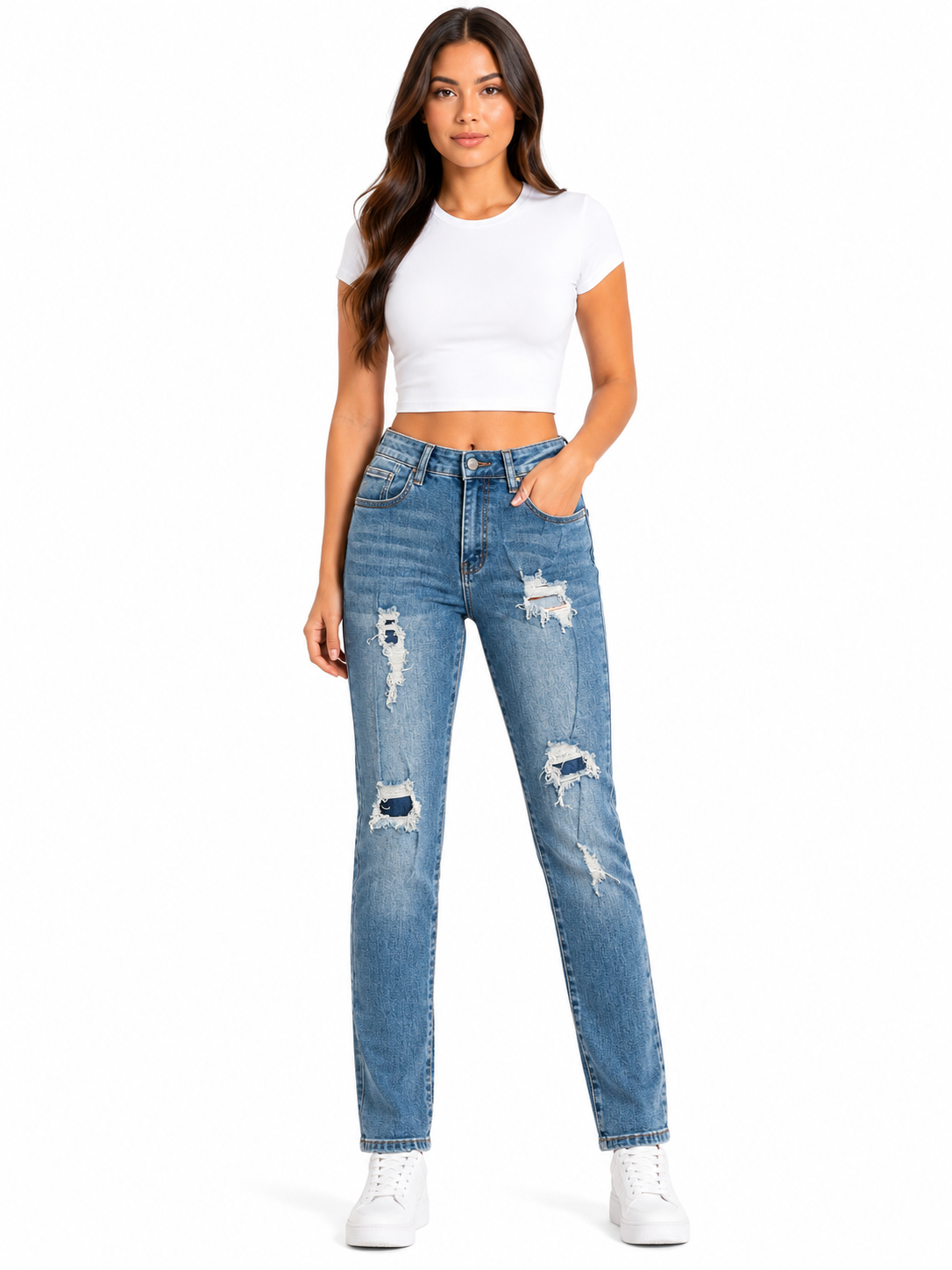 Pantalón dama mezclilla recto con diseño deslavado y rasgados