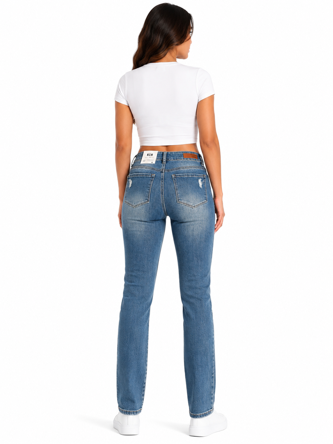 Pantalón dama mezclilla recto con diseño deslavado y rasgados