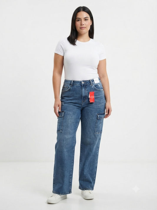 Pantalón dama mezclilla cargo de pierna recta