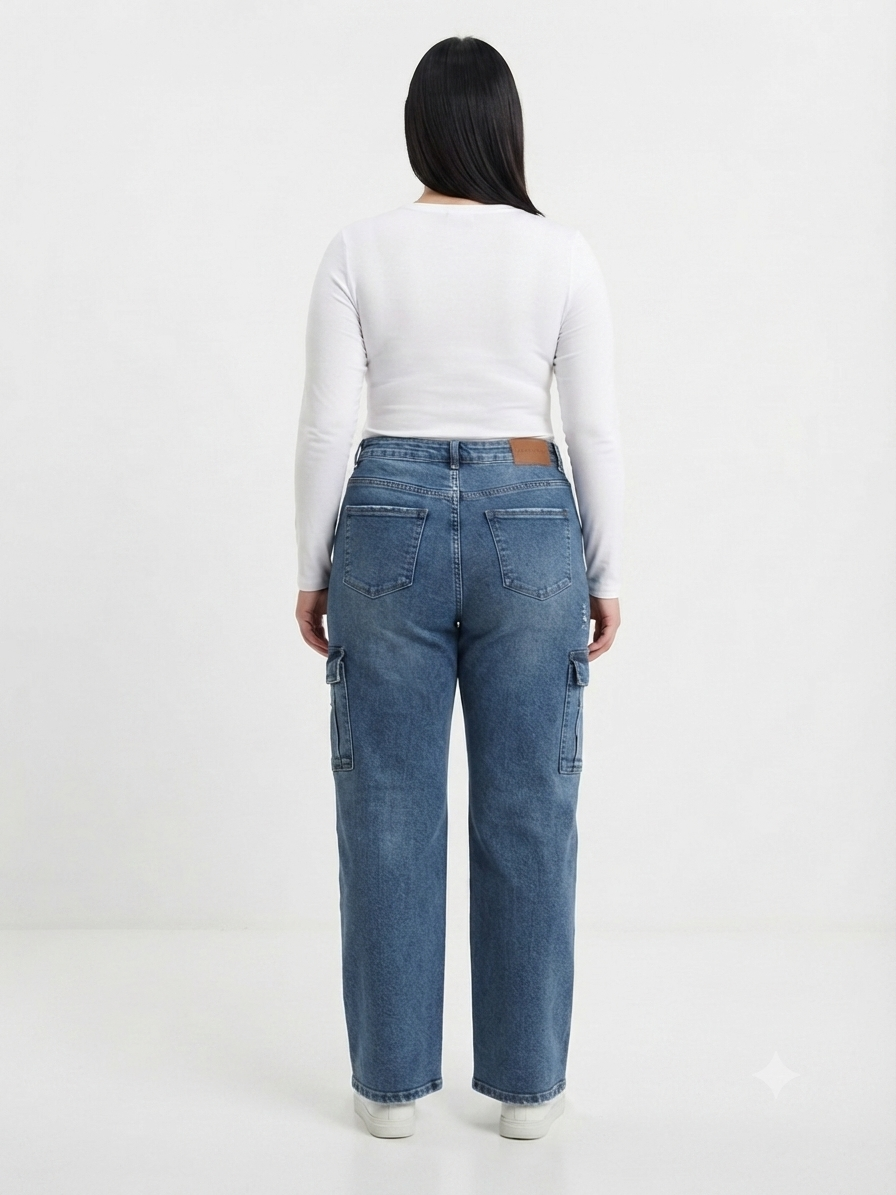 Pantalón dama mezclilla cargo de pierna recta