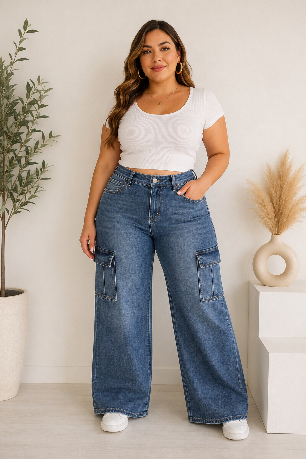 Pantalón dama mezclilla cargo de pierna recta