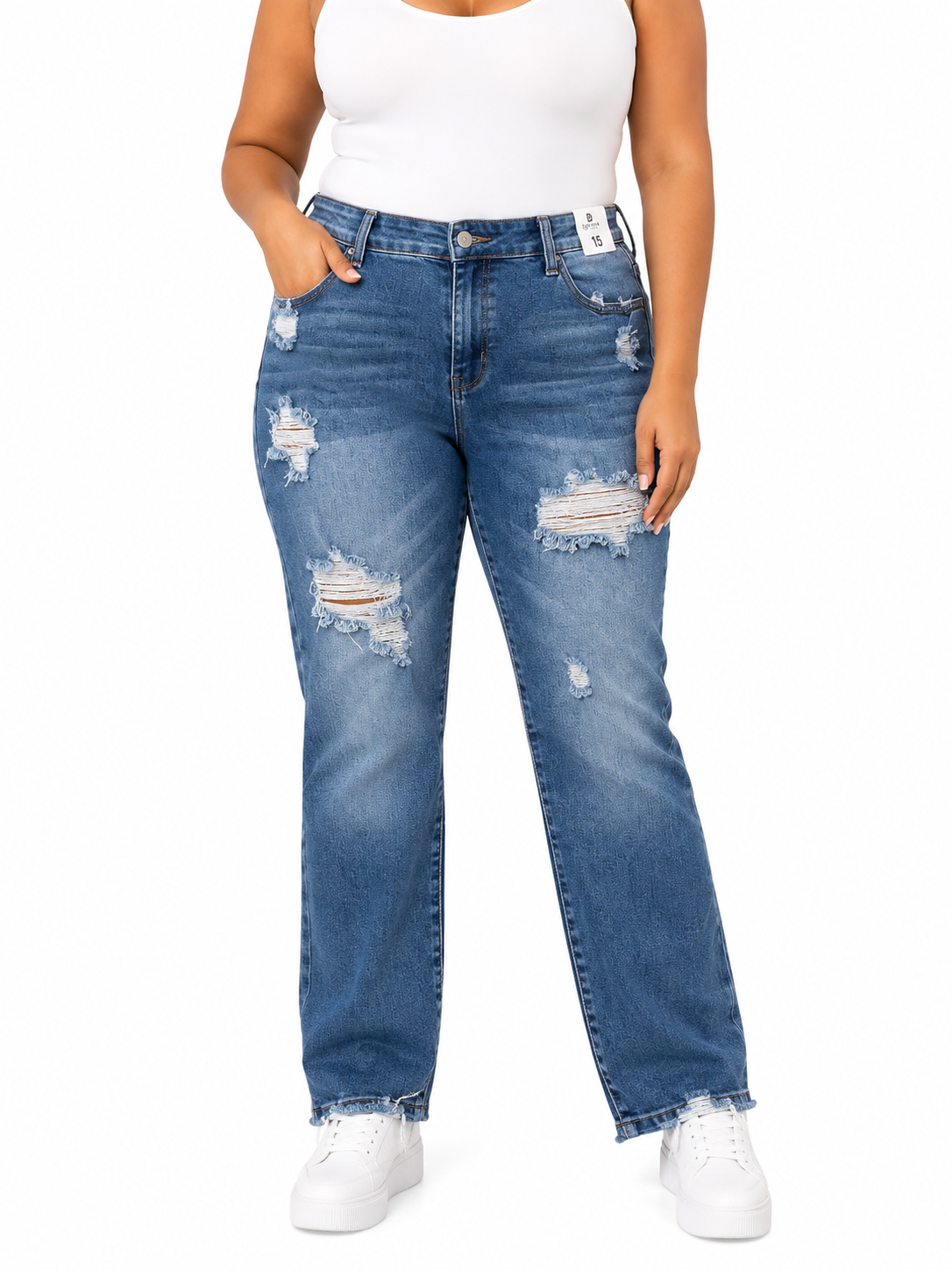 Pantalón dama mezclilla mom fit plus con rasgados