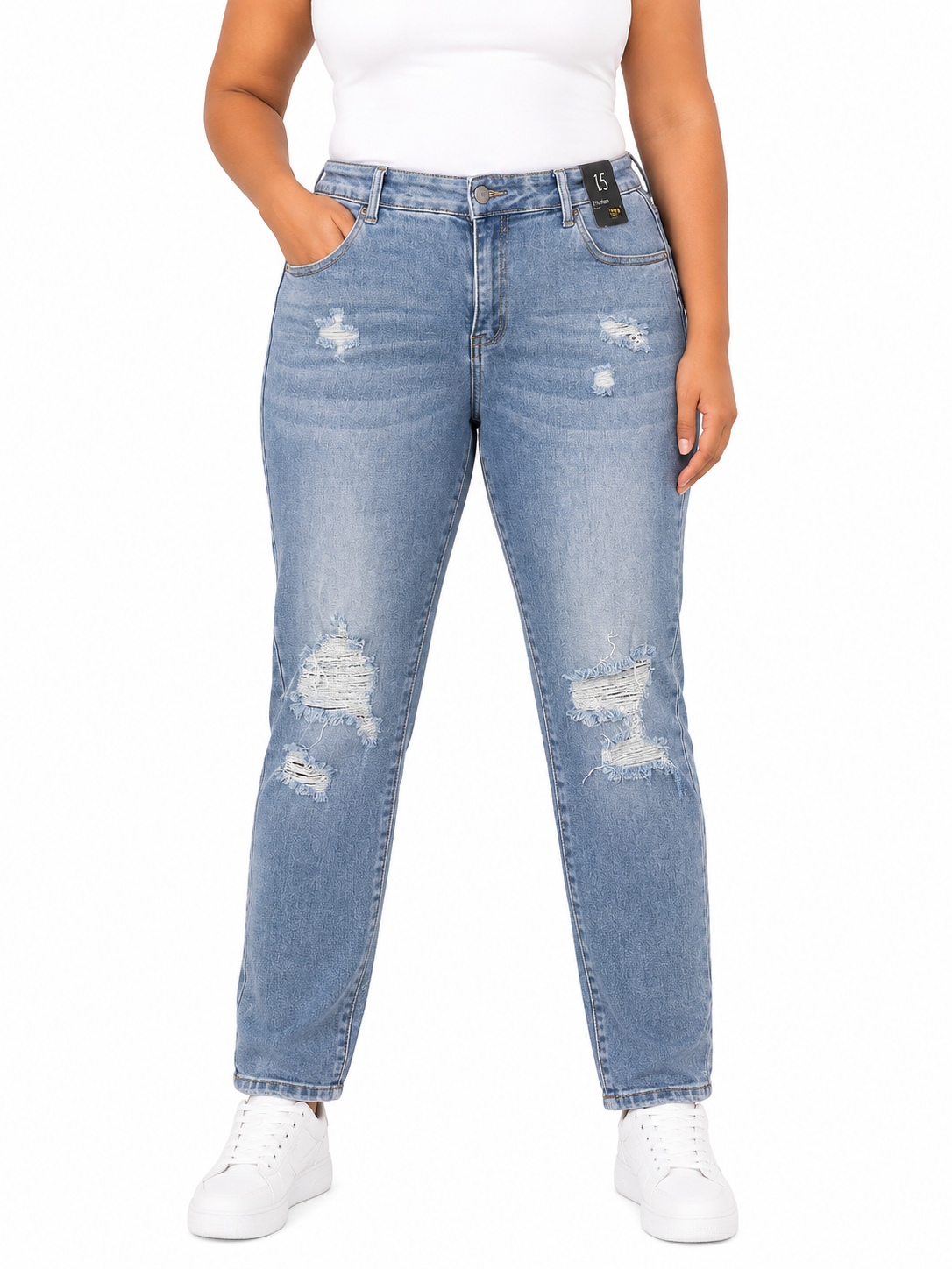 Pantalón dama mezclilla mom fit plus con rasgados