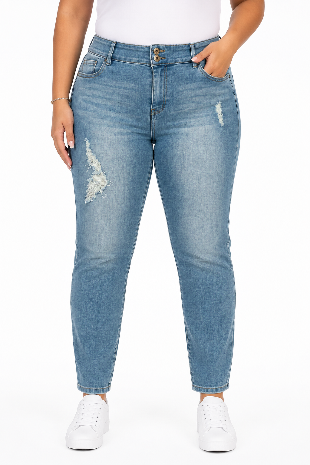 Pantalón dama mezclilla skinny con efecto deslavado y rasgados
