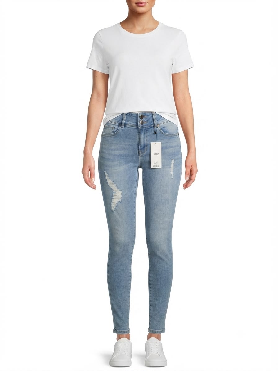 Pantalón dama mezclilla skinny con efecto deslavado y rasgados