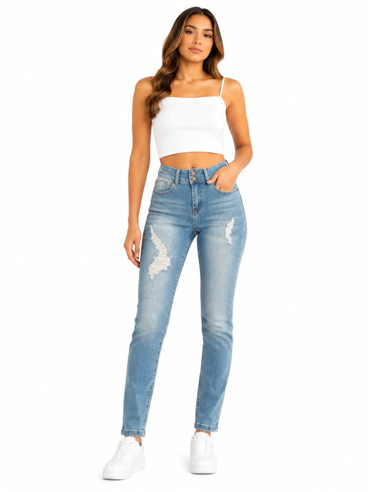Pantalón Dama Mezclilla Skinny de Tiro Alto con Doble Botón