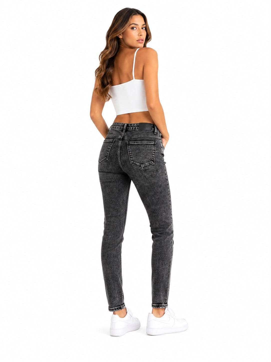 Pantalón Dama Mezclilla Skinny de Tiro Alto Color Gris Deslavado
