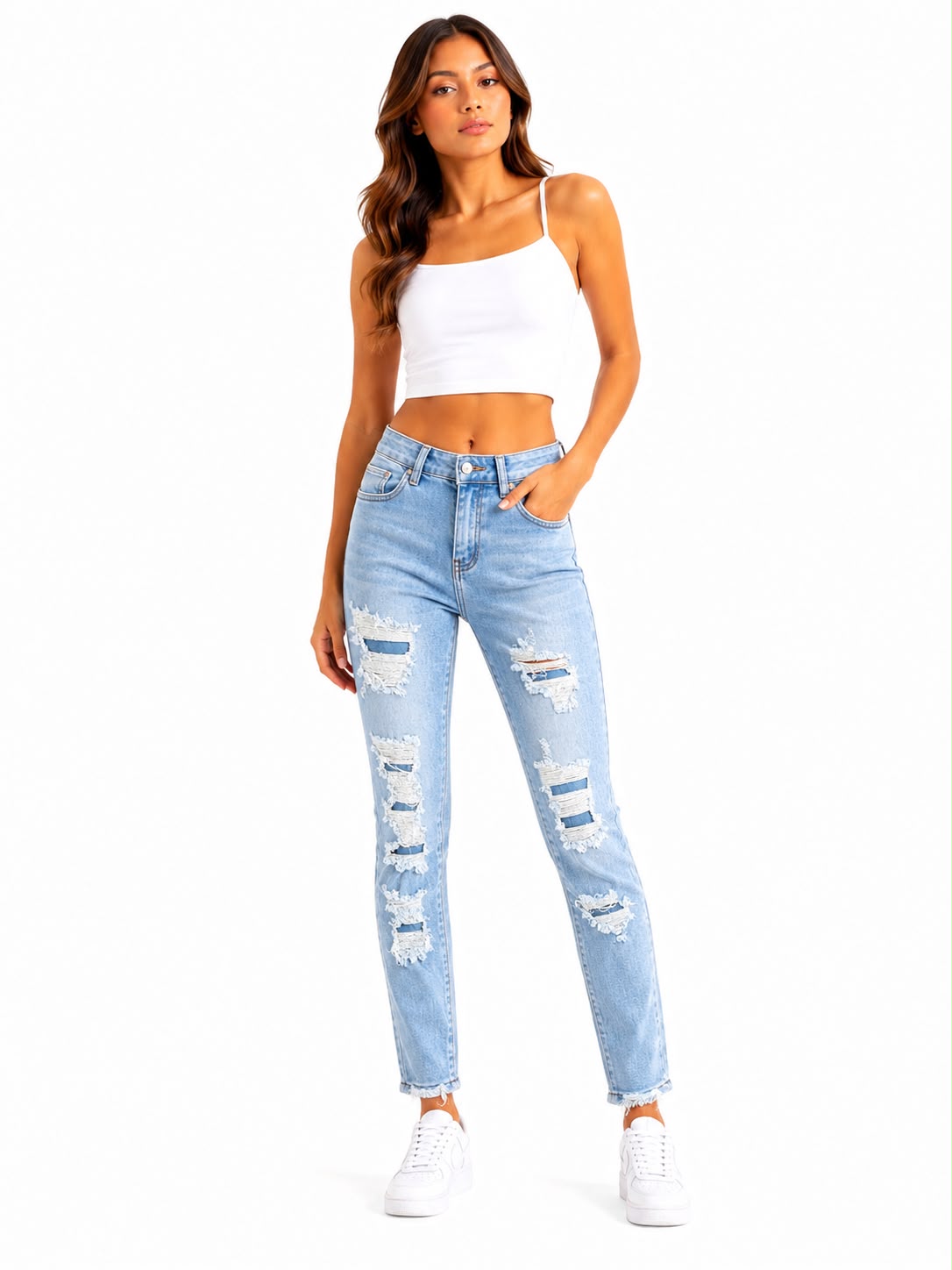 Pantalón Dama Mezclilla Mom Fit Desgastado de Tiro Alto
