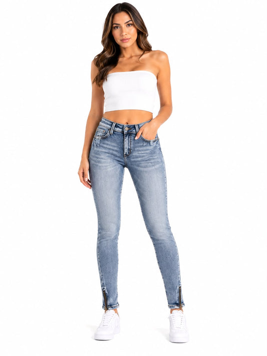 Pantalón Dama Mezclilla Skinny de Tiro Alto con Cierre en Tobillo