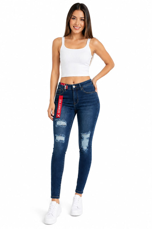 Pantalón Dama Mezclilla Skinny Desgastado de Tiro Alto