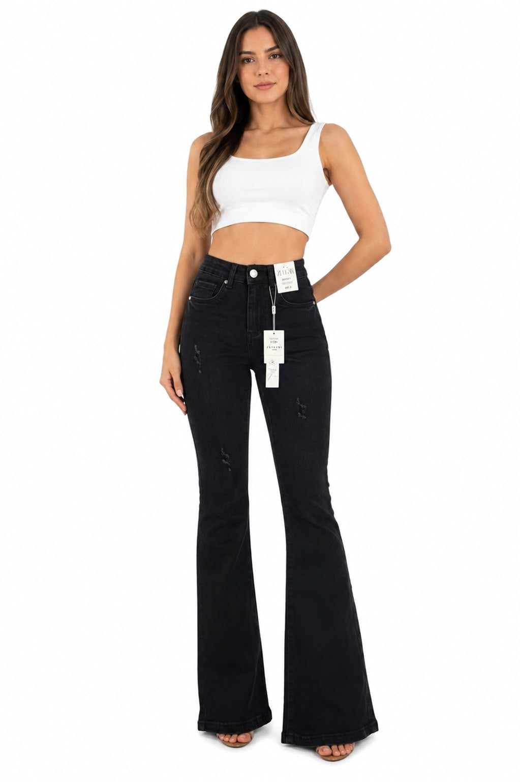 Pantalón Dama Mezclilla Flare Negro de Tiro Alto