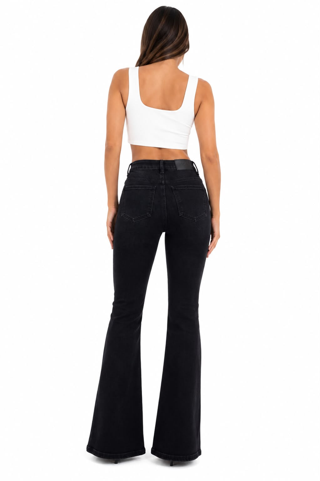 Pantalón Dama Mezclilla Flare Negro de Tiro Alto