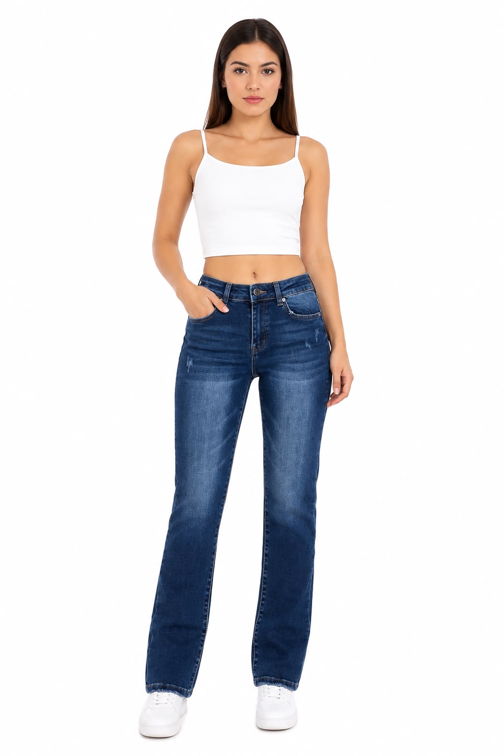 Pantalón Dama Mezclilla Straight de Tiro Alto Azul Medio
