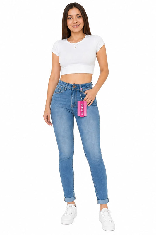Pantalón Dama Mezclilla Skinny de Tiro Alto Azul Claro