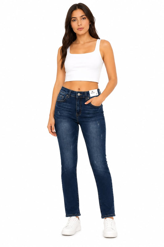 Pantalón Dama Mezclilla Straight de Tiro Alto Azul Oscuro