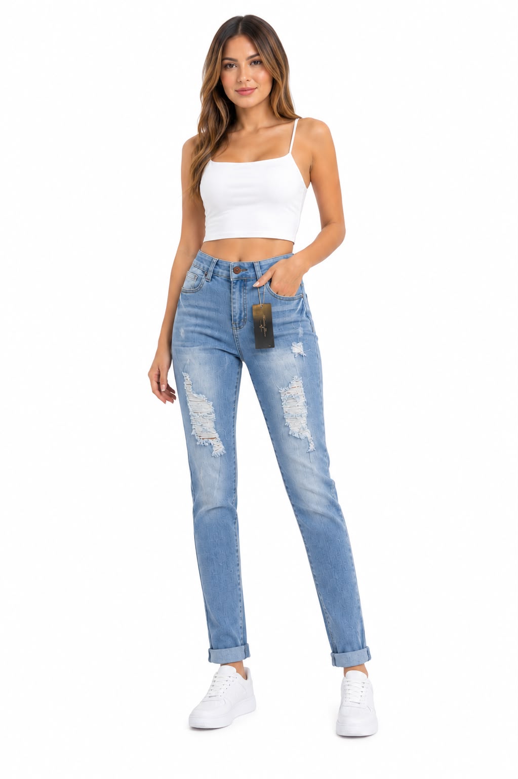 Pantalón Dama Mezclilla Mom Fit Desgastado de Tiro Alto