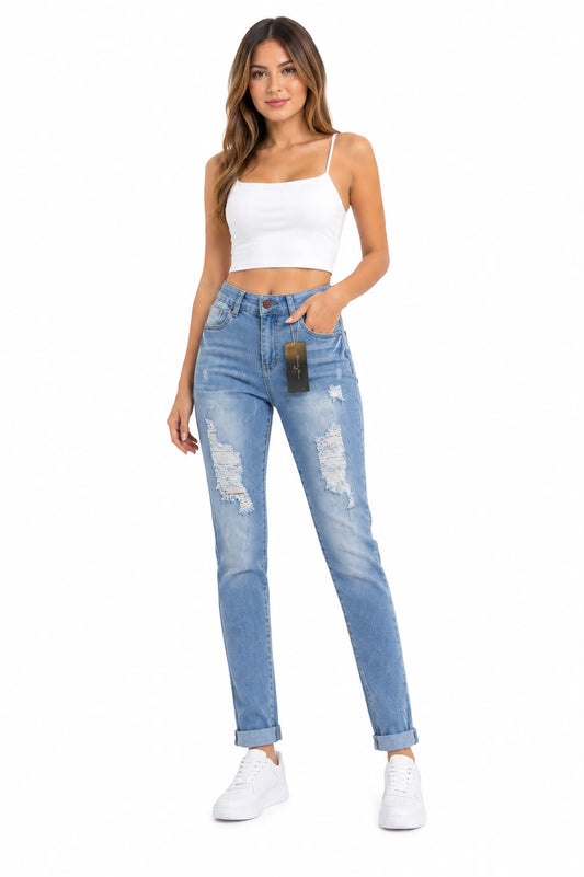 Pantalón Dama Mezclilla Mom Fit Desgastado de Tiro Alto
