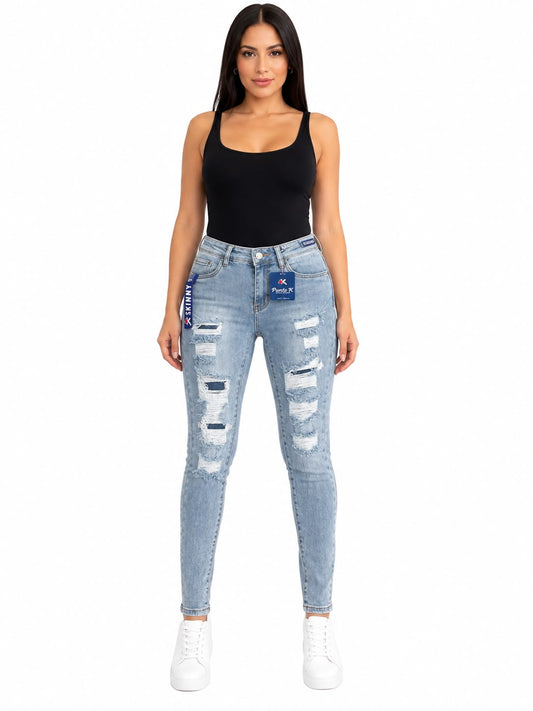 Pantalón Dama Mezclilla Skinny Fit Deslavado con Rasgados