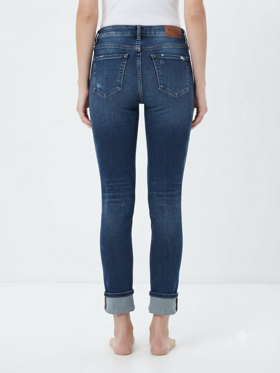 Pantalón Dama Mezclilla Skinny con Dobladillo de Perlas