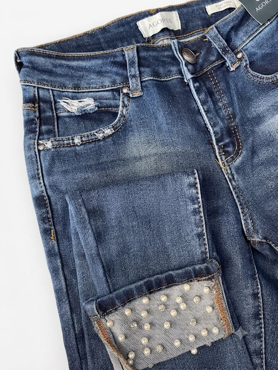 Pantalón Dama Mezclilla Skinny con Dobladillo de Perlas